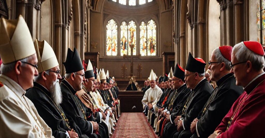 Zbiór biskupów w katedrze, dyskutujących o nowym statutie KEP, wyrażających głęboką troskę i powagę.