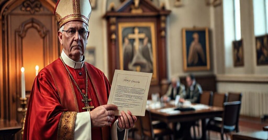 Tradycyjny biskup przed kościołem trzymający dokument z napisem Nowy Statut KEP, symbolizujący kryzys autorytetu Kościoła.