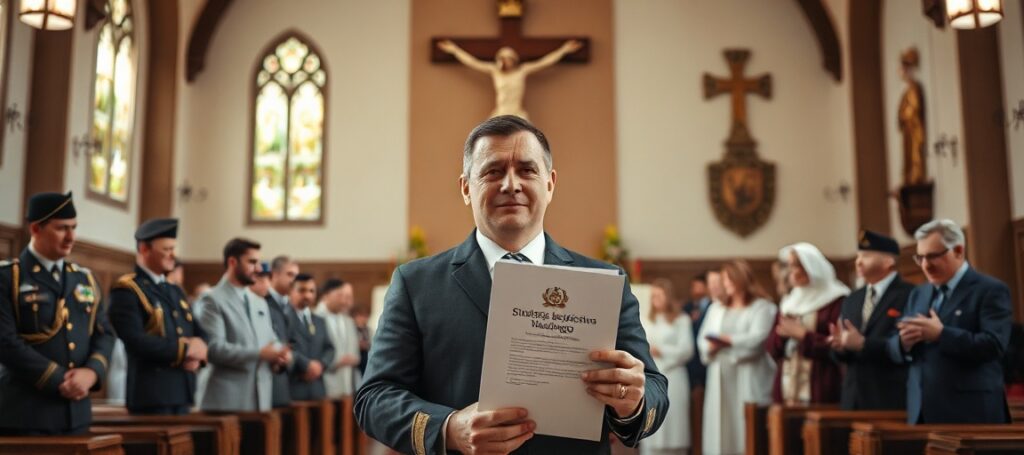 Bartosz Grodecki w kościele katolickim z dokumentem Strategia Bezpieczeństwa Narodowego