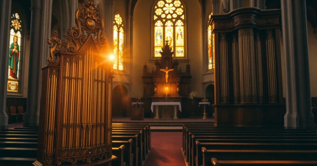 Pusty kościół w Nowym Targu w świetle wieczornym z organami barokowymi - krytyka festiwalu humanistycznego