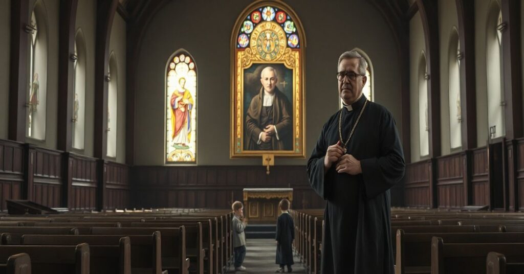 Pogrupowanie dzieci przed pustym kościołem z modernistycznym kapłanem w Gorzowie Wielkopolskim w 2026 roku.