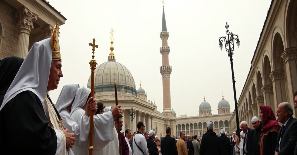 Nuncjusz apostolski abp Paolo Borgia podczas Mszy świętej w zniszczonej libańskiej wiosce z symbolizującym pokój mostem w tle