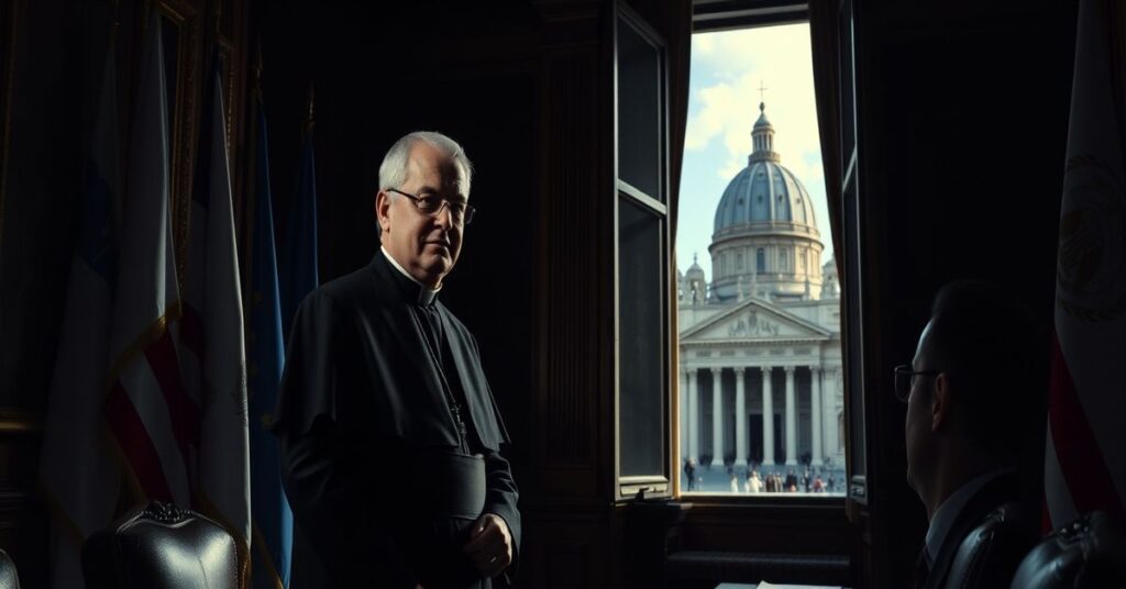 Nowy nuncjusz w USA Gabriele Caccia w biurze w Watykanie otoczony symbolami modernizmu