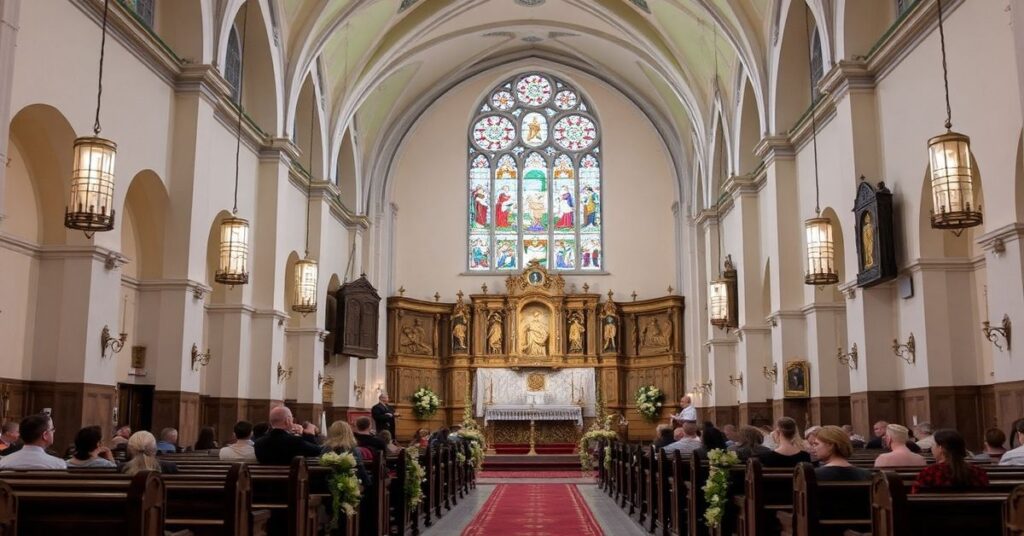 Nuncjusz Antonio Guido Filipazzi wręcza krzyże misyjne kapłanom i świeckiej Malwinie Sztuce w tradycyjnym kościele katolickim.