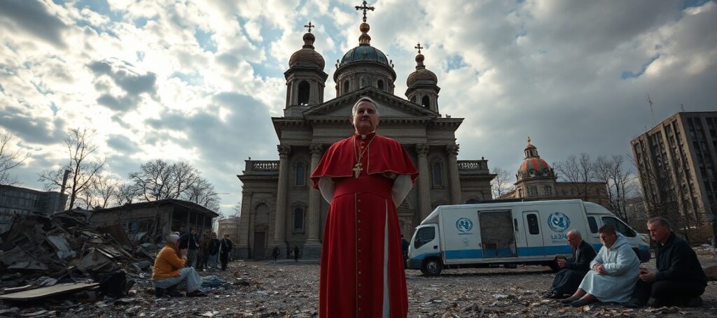 Nuncjusz abp. Visvaldas Kulbokas stoi przy uszkodzonej parafii św. Bazylego Wielkiego w Kijowie po rosyjskim bombardowaniu.