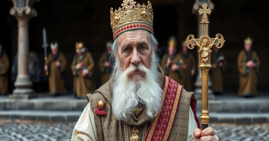 Czarno-biały zdjęcie przedstawiające o. Francesco Pattona przed ruinami w Strefie Gazy, symbolizujące apostazję Kościoła posoborowego.