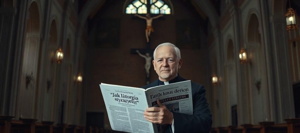 O. Wacław Oszajca SJ w tradycyjnym kościele katolickim z pismem 'Tygodnik Powszechny' i artykułem 'Jak liturgia stwarza kulturę'.