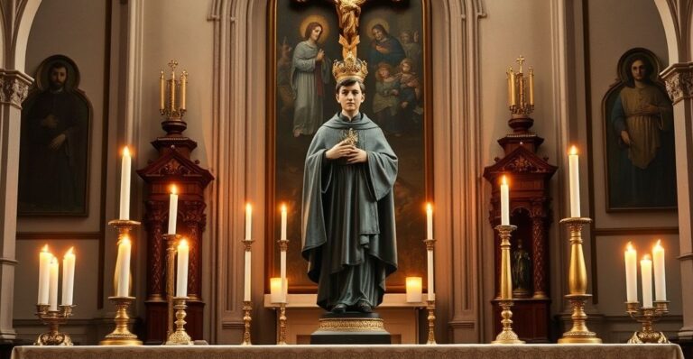 Realistyczne zdjęcie tradycyjnego katolickiego ołtarza z figurą św. Stanisława Kostki, podkreślające powagę i pobożność, z naturalnym oświetleniem i świecami w klasycznym wystroju kościoła