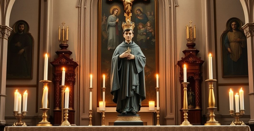 Ołtarz z figurą św. Stanisława Kostki w tradycyjnej katolickiej świątyni Realistyczne zdjęcie tradycyjnego katolickiego ołtarza z figurą św. Stanisława Kostki, podkreślające powagę i pobożność, z naturalnym oświetleniem i świecami w klasycznym wystroju kościoła