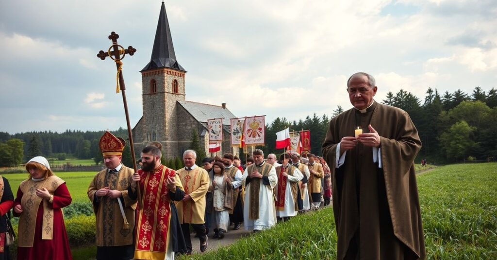 Uroczysta procesja katolicka podczas obchodów 1060. rocznicy Chrztu Polski w średniowiecznym krajobrazie polskim