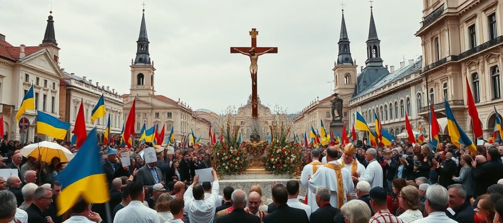 Uroczystość upamiętniająca 25. rocznicę wizyty Karola Wojtyły we Lwowie, ukazująca tłum ludzi z transparentami i chorągiewkami przed dużym ołtarzem z krzyżem. Na obrazie obecni są kapłani w liturgicznych szatach