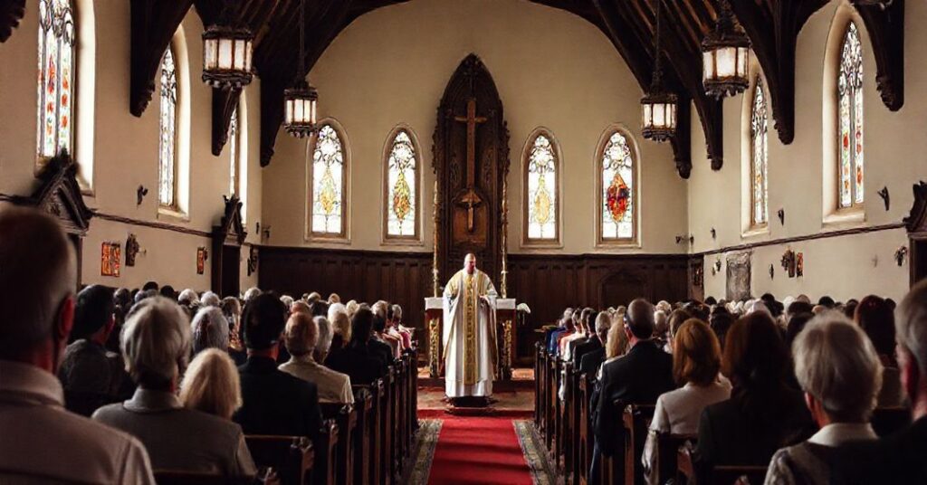 Sobótni katolicyczne wnętrze kościoła podczas również świętych z kapłanem na kazaniu