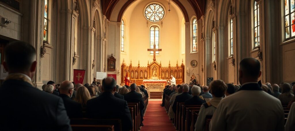 Obraz przedstawiający uroczystości 45. rocznicy rejestracji NSZZ RI 'Solidarność' w Toruniu z udziałem 'bp.' Arkadiusza Okroja w kościele bł. Jerzego Popiełuszki w Łubiance.