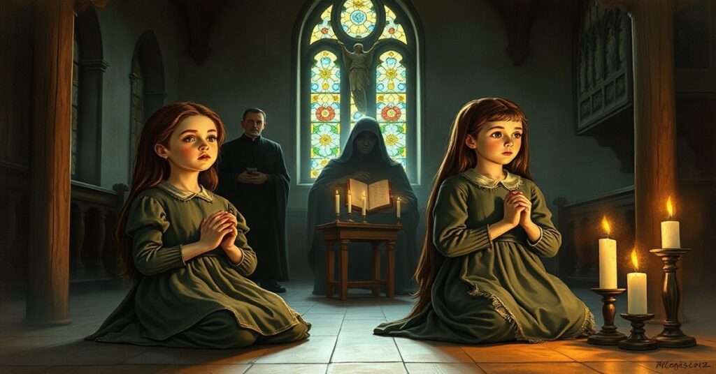 Dwie dziewczynki modlące się w sanktuarium w Gietrzwałdzie podczas rzekomych objawień maryjnych