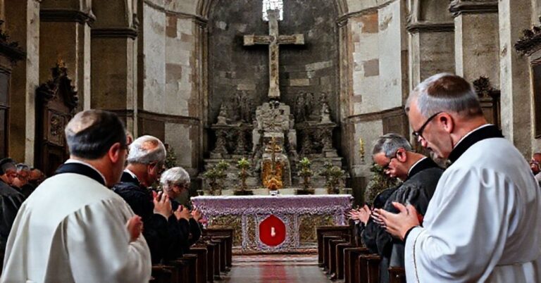 Tradycyjni katolicy modlący się w kościele przed zrównane z ziemią niemieckie pomniki wojny