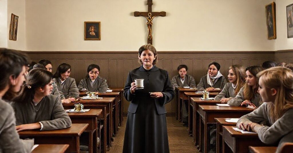 Scena klasy szkolnej z katechetą trzymającą kawę i herbatę, symbolizującą konflikt między tradycją katolicką a sekularyzacją edukacji.