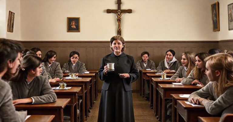 Scena klasy szkolnej z katechetą trzymającą kawę i herbatę, symbolizującą konflikt między tradycją katolicką a sekularyzacją edukacji.