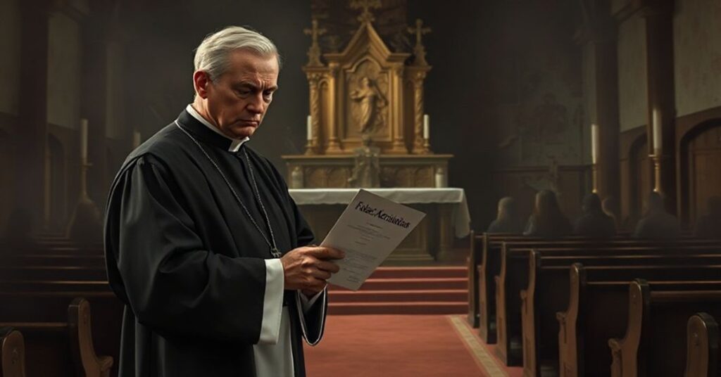 Tragiczny widok kapłana w sutannie stojącego przed zrujnowanym ołtarzem, symbolizujący upadek dyscypliny kościelnej. W tle pusty kościół z częściowo zniszczonym tabernakulum.