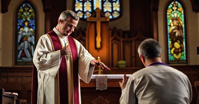 Tradycyjny ksiądz katolicki w ornatach stoi przed ołtarzem z krzyżem, dołączając duszę do nawrótów w świetle nauki Kościoła