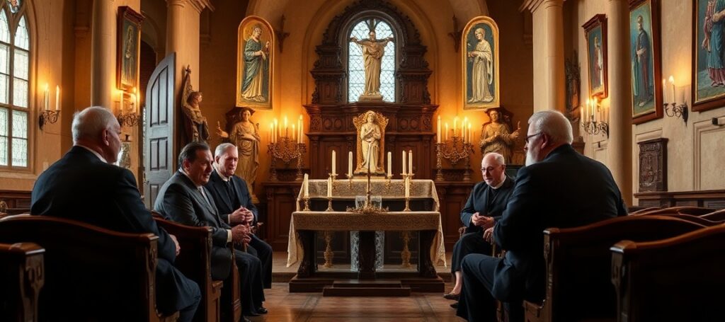 Grupa katolików dyskutuje o modernistycznej infiltracji Watykanu w tradycyjnym kościele