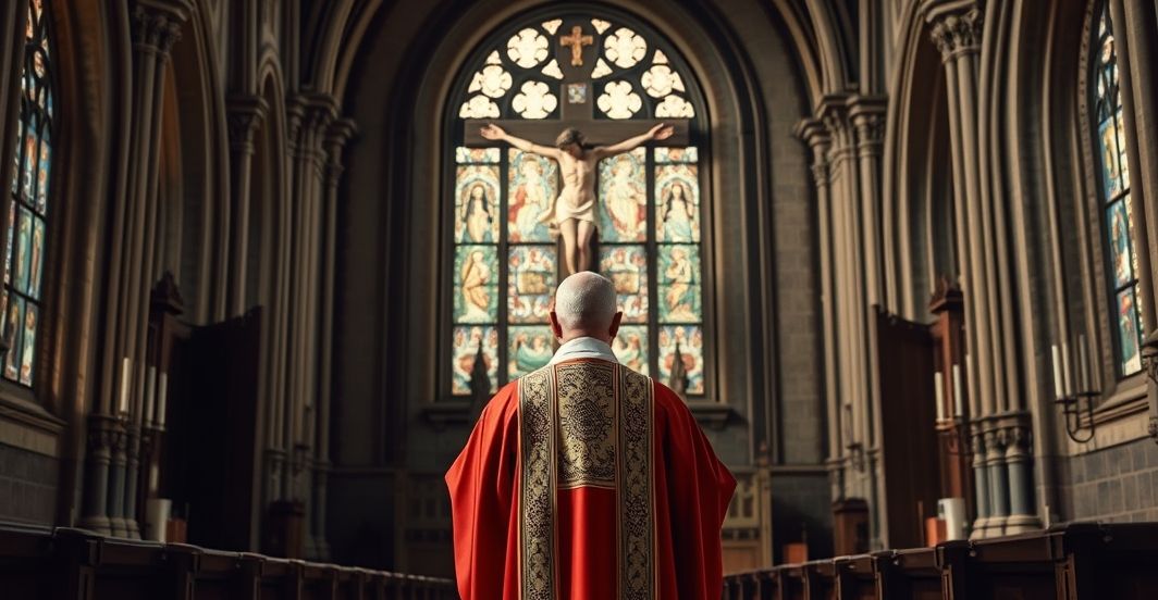 Sedeswokatowski obraz krytyki nowoczesnej ataków na moralność katolicką w Holandii Kapłan w tradycyjnych szatach przed krucyfiksem, wyraz głębokiej refleksji i troski o moralność, symbolizujący sprzeciw wobec nowoczesnych ataków na katolicką naukę o grzechu i prawie Bożym
