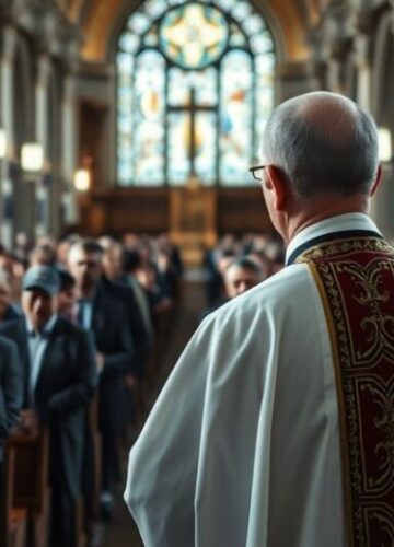 Obraz katolicki ukazujący obronę tradycyjnej wiary przeciw modernistycznym tendencjom Klasztorny obraz katolicki z kapłanem w liturgii, symbolizujący obronę tradycyjnej wiary wobec modernistycznej dekonstrukcji