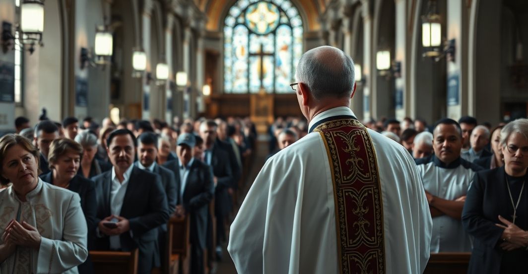 Klasztorny obraz katolicki z kapłanem w liturgii, symbolizujący obronę tradycyjnej wiary wobec modernistycznej dekonstrukcji