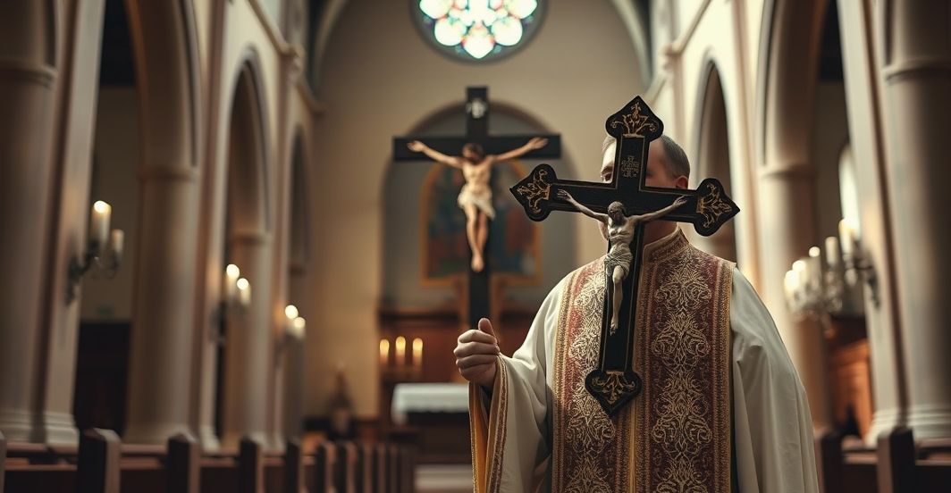 Obraz kościoła katolickiego z duchownym trzymającym krucyfiks, symbolizujący moralną i duchową prawdę przeciwko atakom sekularyzmu