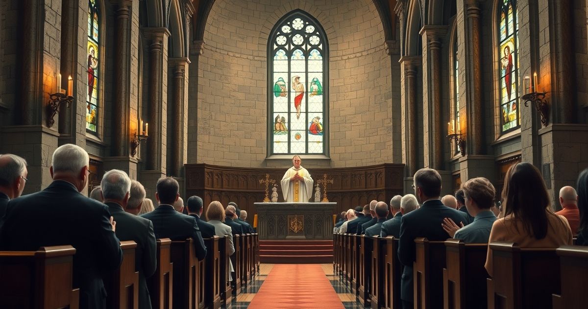 Obraz katolicki w tradycyjnym stylu, ukazujący duchownych i wiernych w kościele podczas modlitwy, symbolizujący sprzeciw wobec eutanazji i apostazji posoborowej