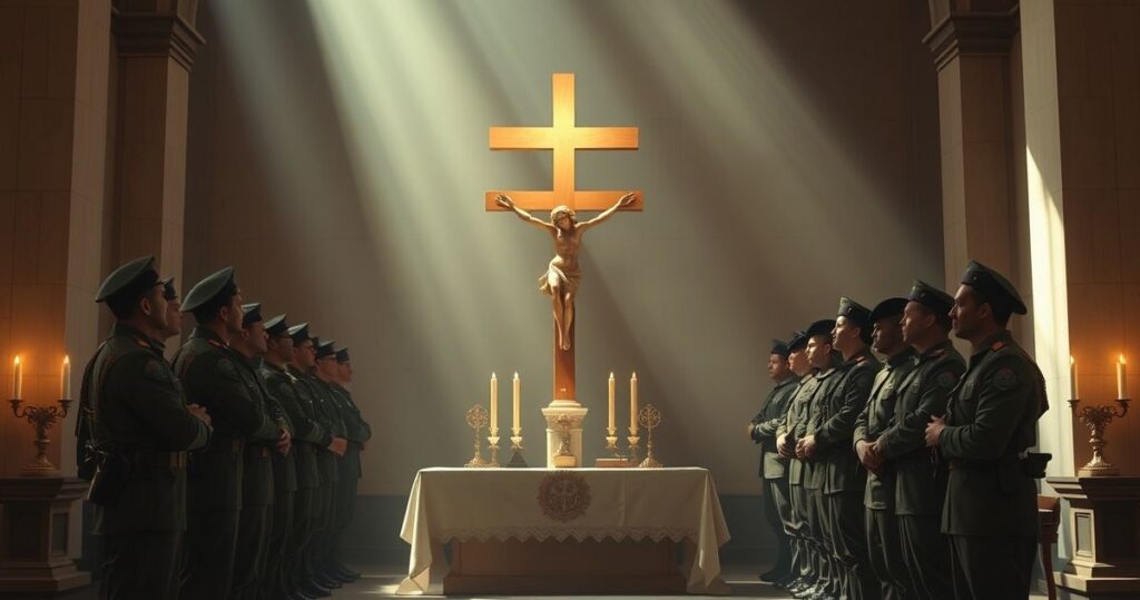Rewersyjny obraz katolickiego kapłana i żołnierzy w modlitwie przy ołtarzu z krucyfiksem, symbolizujący obronę życia i wiarę w tradycyjnym stylu