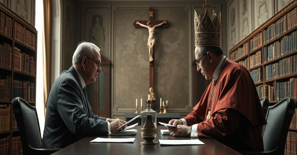 Obraz przedstawiający spotkanie rzekomego papieża Leona XIV z prezydentem Czech Petrem Pavlem w tradycyjnej bibliotece watykańskiej. Symbolizuje to kontrowersyjne spotkanie i konflikt nauk katolickich z nowoczesnymi wartościami.