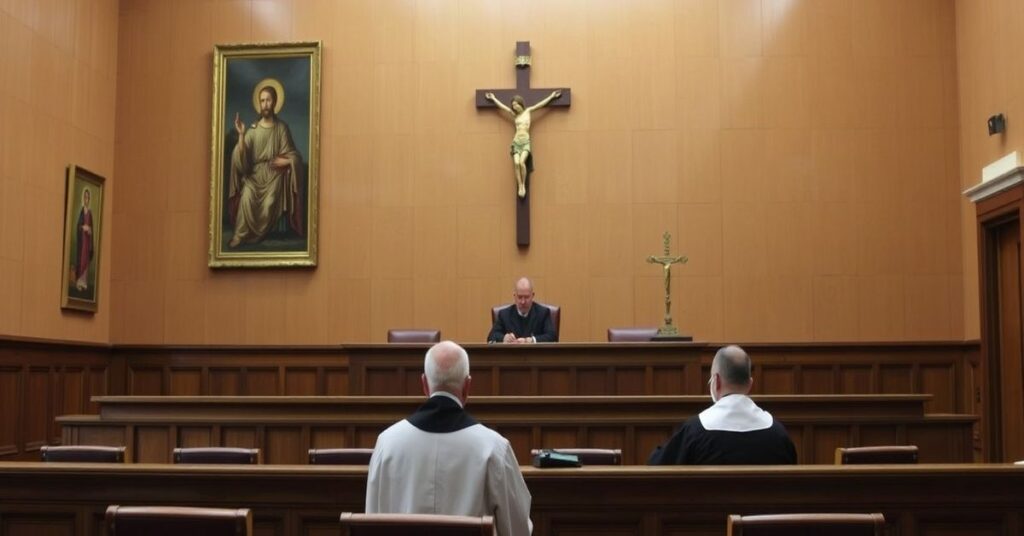 Ważny proces sądowy w Grecji z zachowanymi katolickimi ikonami i krzyżami w sali rozpraw