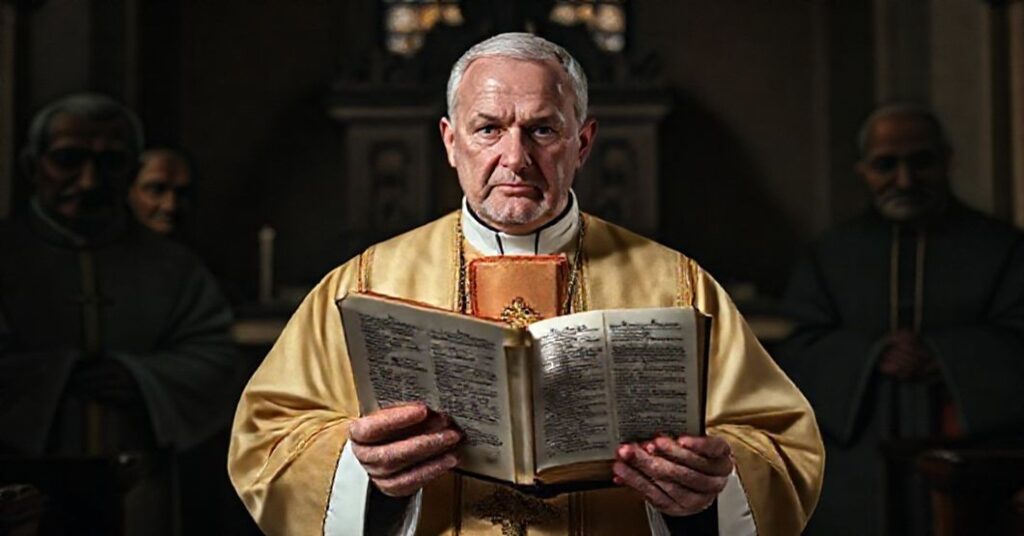 Tradycyjny ksiądz w pełnym stroju liturgicznym trzymający Biblię Wulgatę przed tabernakulum w ciemnej kościelnej kaplicy.