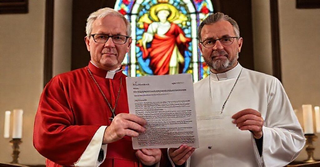 Biskup Joseph Strickland i Luigi Casalini stoją w tradycyjnym kościele katolickim z artykułem o cenzurze algorytmów Google.