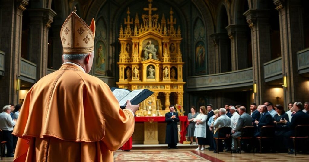 Katolicki biskup w tradycyjnych szatach stojący przed ołtarzem, z tyłu grupa modernistycznych duchownych i wiernych w rozczłonkowanym salu - symbolizuje walkę o prawdziwą doktrynę w obliczu niemieckiej drogi synodalnej.