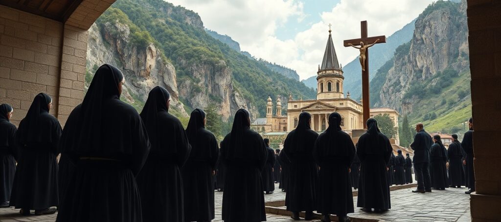 Benedyktyńscy mnisi w tradycyjnych habitach modlą się w Bazylice Doliny Bezecznych podczas próby profanacji sanktuarium przez świeckich urzędników. Fotorealistyczny widok krzyża i bazyliki na tle kontrowersyjnych zmian.