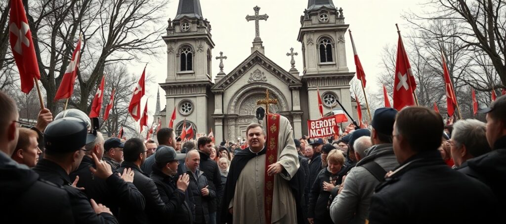 Obraz przedstawiający obronę Domu Katolickiego w Zielonej Górze w 1960 roku z ks. Kazimierzem Michalskim na czele wiernych przeciw komunistycznym władzom.