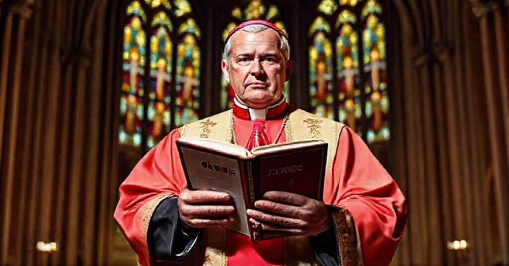 Katolicki biskup w tradycyjnych szatach liturgicznych stoi w katedrze, trzymając księgę z tytułem 'Quas Primas', symbolizując obronę nauki Kościoła przed modernizmem.