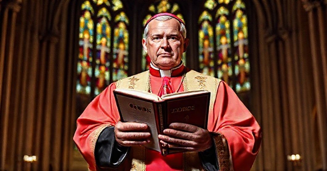 Katolicki biskup w tradycyjnych szatach liturgicznych stoi w katedrze, trzymając księgę z tytułem 'Quas Primas', symbolizując obronę nauki Kościoła przed modernizmem.