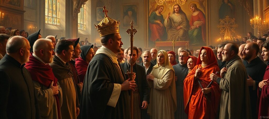 Mężczyzna trzymający encyklikę Rerum Novarum przed starym kościołem, symbolizujący obronę tradycyjnej nauki katolickiej