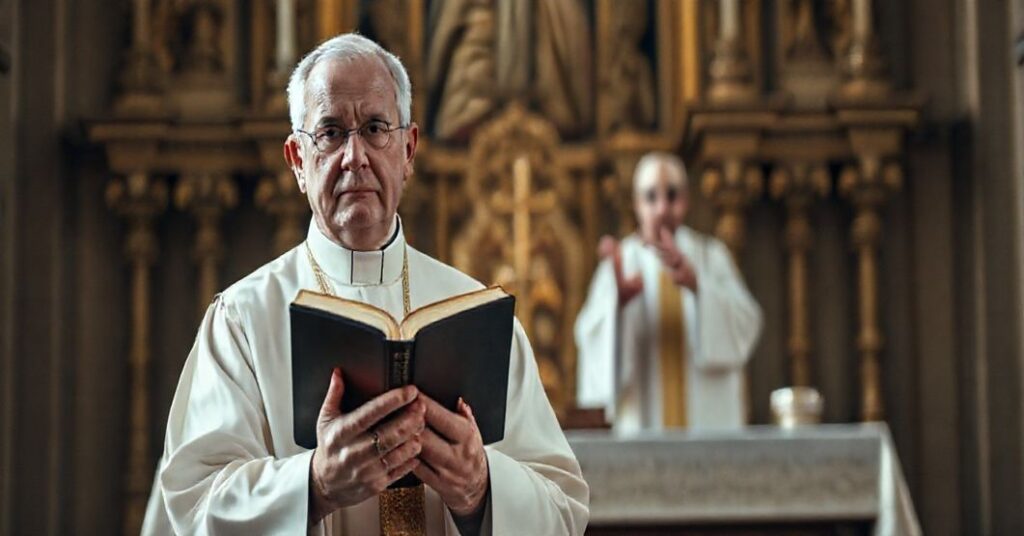 Ksiądz w tradycyjnym stroju przed ołtarzem z biblią, symbolizujący obronę prawdziwej wiary wobec modernistycznej synodalności