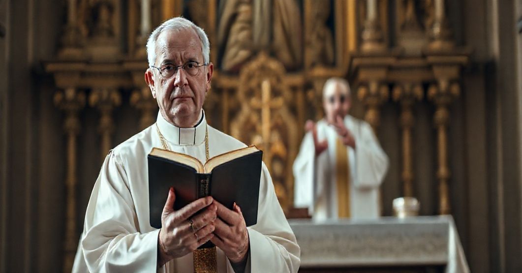 Ksiądz w tradycyjnym stroju przed ołtarzem z biblią, symbolizujący obronę prawdziwej wiary wobec modernistycznej synodalności