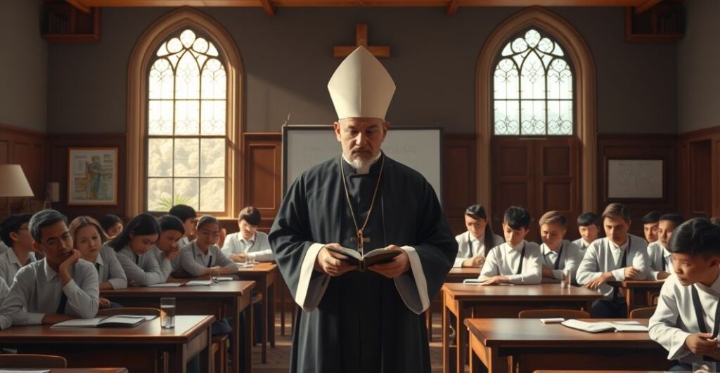 Rewersyjne katolickie zdjęcie przedstawiające nauczyciela w sutannie w konfrontacji z nowoczesnymi władzami szkolnymi, symbolizujące walkę o religię w szkołach