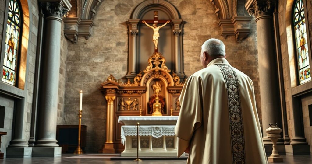 Kapłan w tradycyjnych szatach stojący przed ołtarzem, symbolizujący wierną katolicką naukę, w realistycznym wnętrzu kościoła, ukazujący duchową i doktrynalną jedność w obliczu kryzysu mediów modernistycznych