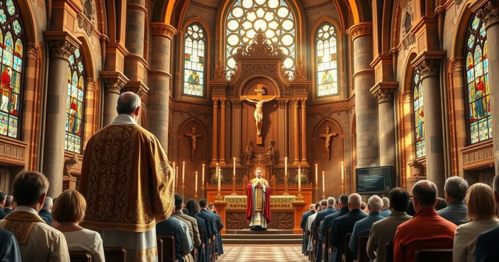 Katedra katolicka z kapłanem w tradycyjnych szatach przed ołtarzem, symbolizująca obronę katolickiej wiary przed modernistyczną edukacją