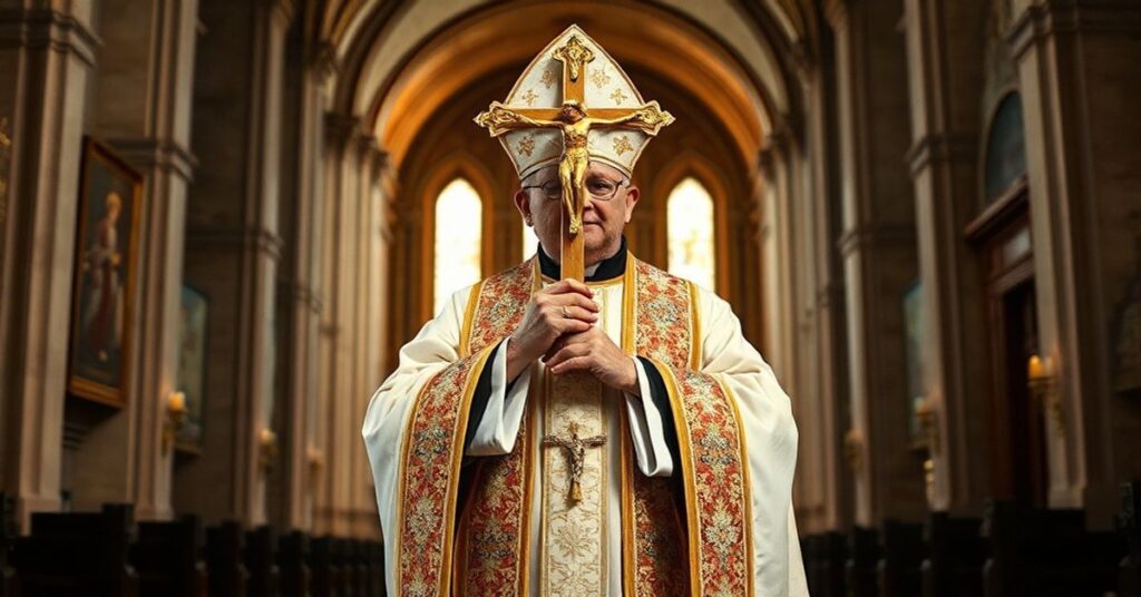 Tradycyjny katolicki biskup w pełnym stroju liturgicznym trzymający krzyż w kościele europejskim