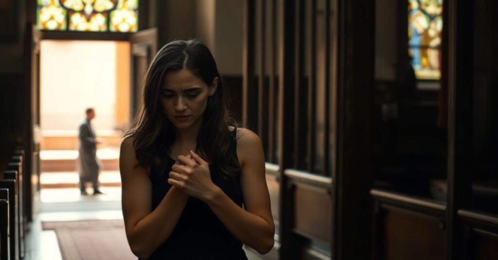 Młoda kobieta w smutku i obawie w tradycyjnym kościele katolickim, symbolizując zagrożenie dla kobiet w płciowo mieszanych szatniach sportowych.