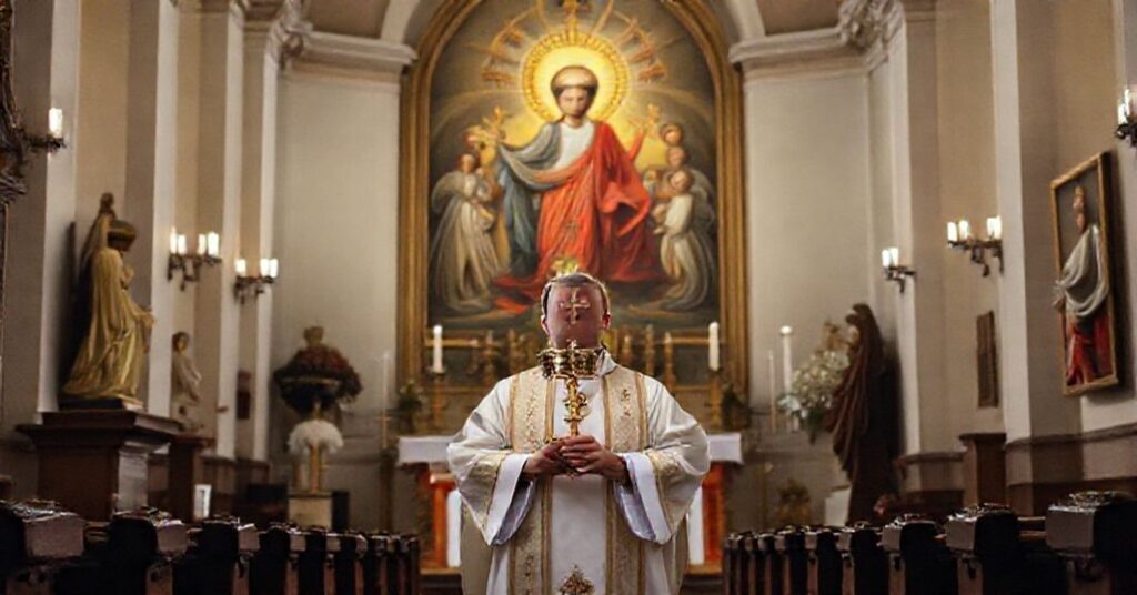 Świątynia katolicka z księdzem w ornaty przy ołtarzu z monstrancją z Najświętszym Sakramentem.