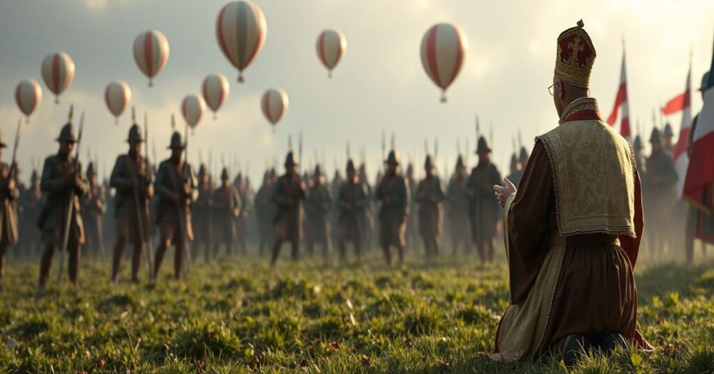 Księż w tradycyjnych szatach liturgicznych modli się przed polem bitwy z widocznymi balonami nad niebem, otoczony ściągami w historycznych mundurach polskich.