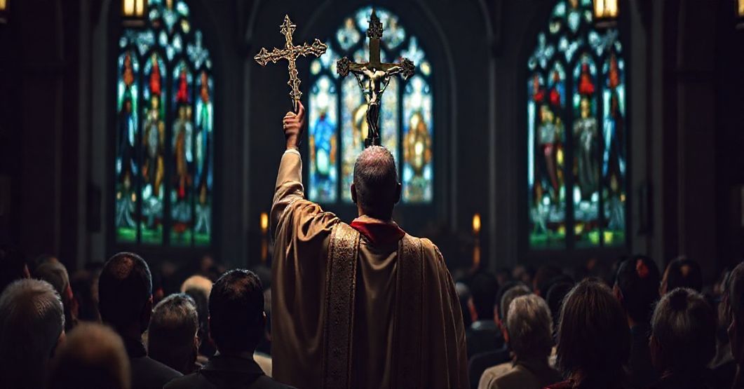 Ksiądz w tradycyjnych ornatach trzyma krzyż przed zebranym tłumem w kościele, symbolizując obronę Chrystusa Króla przeciwko nowoczesnym błędom neo-katolicyzmu.
